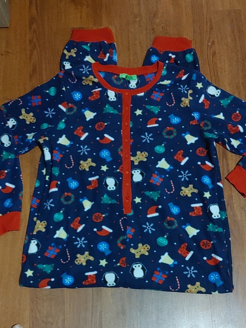 Navy Blue Holiday Print Pajama Onesies Red Trim Sz LG